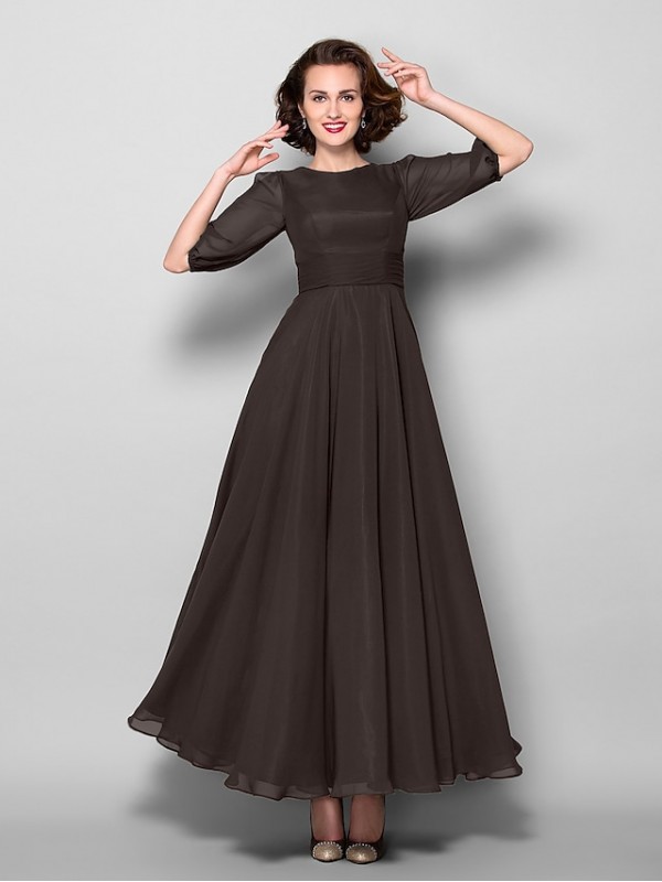 A-Line Mother of the Bride Dress Elegant Jewel Neck Ankle Length Chiffon Half Sleeve with Sash / Ribbon Ruched 2022 #2050349