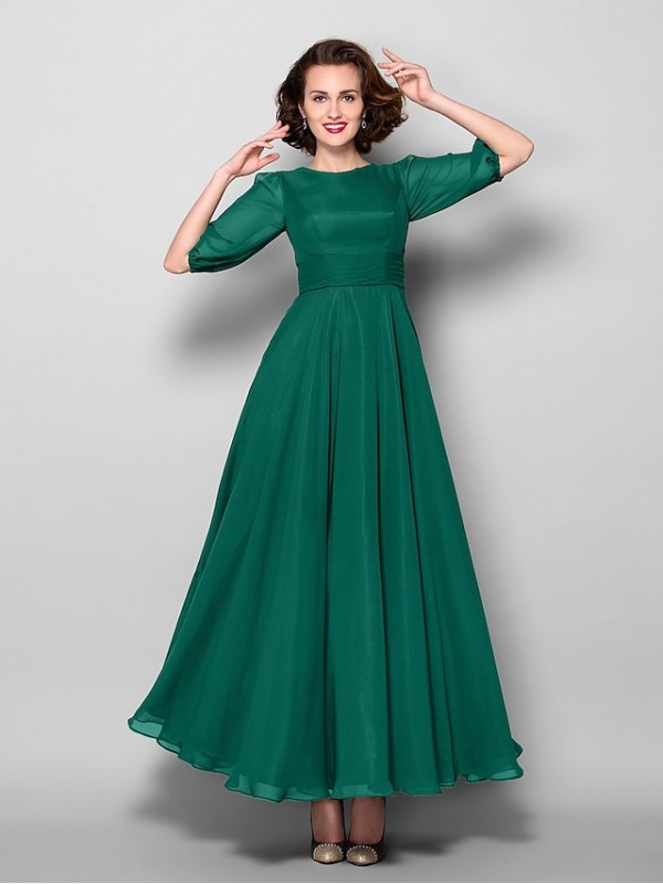 A-Line Mother of the Bride Dress Elegant Jewel Neck Ankle Length Chiffon Half Sleeve with Sash / Ribbon Ruched 2022 #2050349