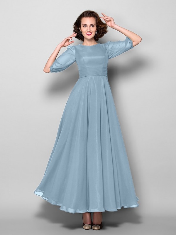 A-Line Mother of the Bride Dress Elegant Jewel Neck Ankle Length Chiffon Half Sleeve with Sash / Ribbon Ruched 2022 #2050349