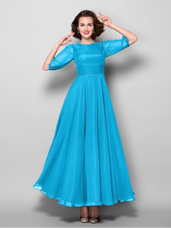 A-Line Mother of the Bride Dress Elegant Jewel Neck Ankle Length Chiffon Half Sleeve with Sash / Ribbon Ruched 2022 #2050349