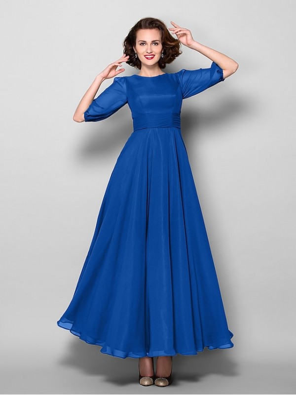 A-Line Mother of the Bride Dress Elegant Jewel Neck Ankle Length Chiffon Half Sleeve with Sash / Ribbon Ruched 2022 #2050349