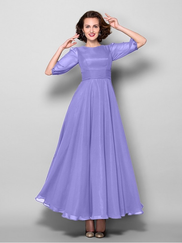 A-Line Mother of the Bride Dress Elegant Jewel Neck Ankle Length Chiffon Half Sleeve with Sash / Ribbon Ruched 2022 #2050349