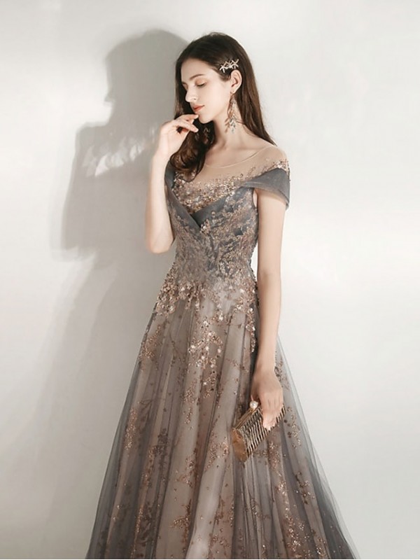 A-Line Bridesmaid Dress Jewel Neck Short Sleeve Beautiful Back Floor Length Tulle with Crystals / Bandage 2022 #8859811