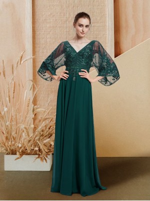 A-Line Glittering Elegant Prom Formal Evening Dress V Neck 3/4 Length Sleeve Floor Length Chiffon with Sequin Appliques 2022 #8989248