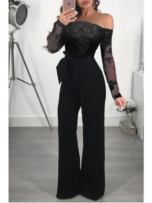 Jumpsuits Elegant Rompers Wedding Guest Formal Evening Dress Off Shoulder Long Sleeve Floor Length Lace with Lace Insert Pure Color 2022 #8982417