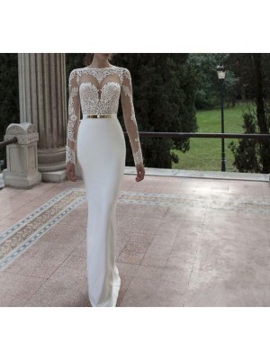 Sheath / Column Wedding Dresses Jewel Neck Floor Length Lace Stretch Fabric Long Sleeve Romantic Sexy with Sashes / Ribbons 2022 #8917021