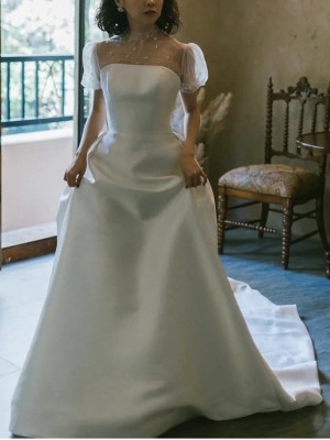 A-Line Wedding Dresses High Neck Court Train Satin Tulle Short Sleeve Formal Romantic with Beading 2022 #8984575