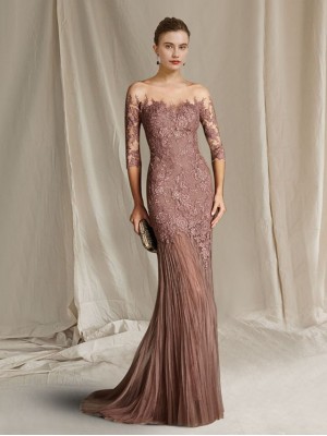 Mermaid / Trumpet Mother of the Bride Dress Elegant Jewel Neck Sweep / Brush Train Lace Tulle Half Sleeve with Appliques 2022 #8971740