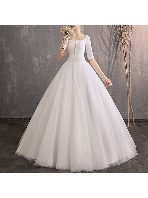 Princess A-Line Wedding Dresses Square Neck Floor Length Satin Tulle Half Sleeve Country Simple with Pleats 2022 #8917015