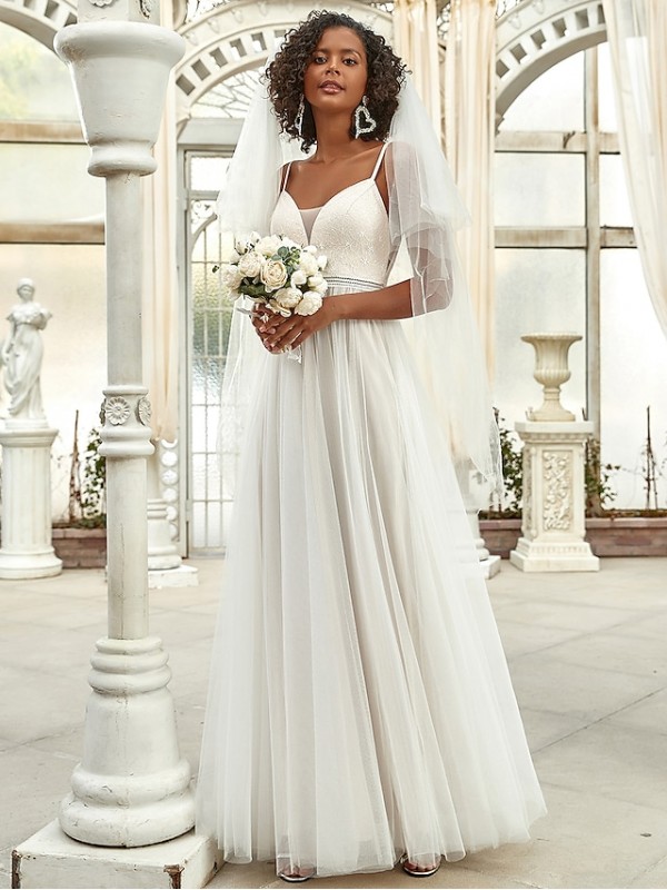 A-Line Wedding Dresses V Neck Floor Length Tulle Sleeveless Romantic Simple Vintage Wedding Dress in Color with Draping Solid Color 2022 #9030451