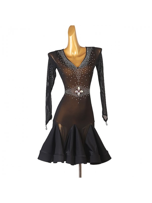 Latin Dance Dress Crystals / Rhinestones Women's Training Performance Long Sleeve Polyester #9027021