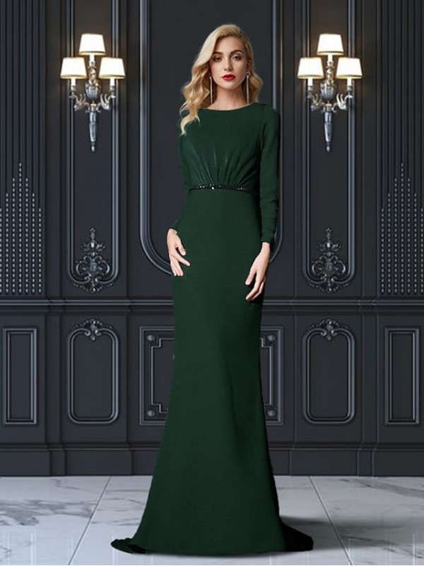 Sheath / Column Mother of the Bride Dress Elegant Jewel Neck Sweep / Brush Train Chiffon Long Sleeve with Sash / Ribbon 2022 #8955860