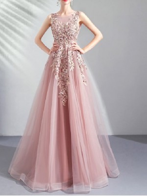 A-Line Floral Princess Prom Dress Jewel Neck Sleeveless Floor Length Tulle with Crystals Embroidery 2022 #9033819