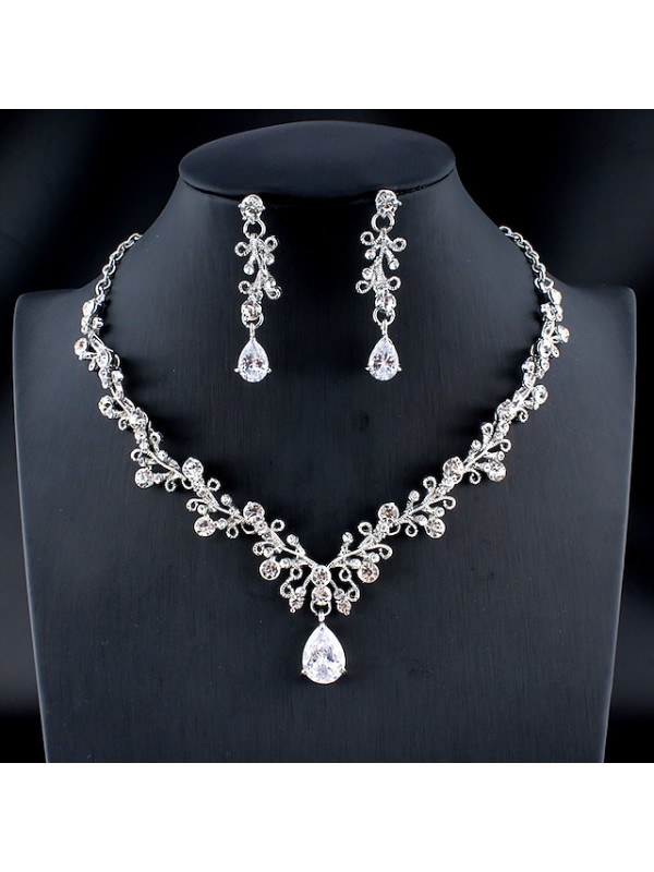 Women's White Cubic Zirconia Hoop Earrings Necklace Bridal Jewelry Sets Classic Drop Feather Pear Basic Elegant Korean Sweet 18K Gold Plated Rhinestone Imitation Diamond Earrings Jewelry Silver / Gold #7884215