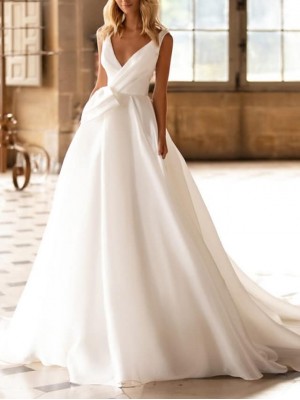 A-Line Wedding Dresses V Neck Court Train Satin Regular Straps Plus Size with Ruched 2022 #7883183