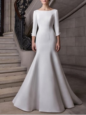 Mermaid / Trumpet Wedding Dresses Bateau Neck Court Train Satin 3/4 Length Sleeve Plus Size Elegant with Buttons 2022 #7883157