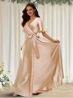 A-Line Bridesmaid Dress V Neck Short Sleeve Elegant Charmeuse with Bow(s) 2022 #8978408