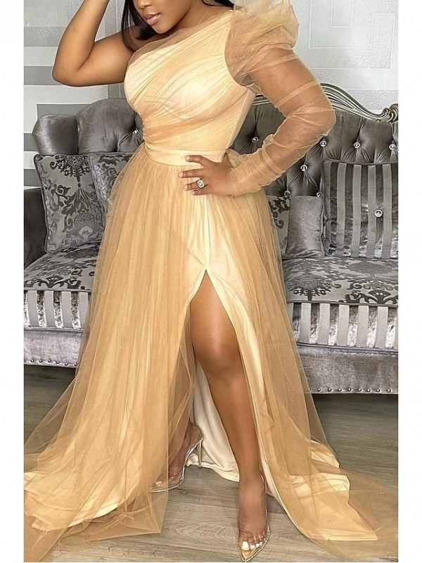 A-Line Plus Size Sexy Wedding Guest Formal Evening Dress One Shoulder Long Sleeve Sweep / Brush Train Tulle with Slit Pure Color 2022 #8984986