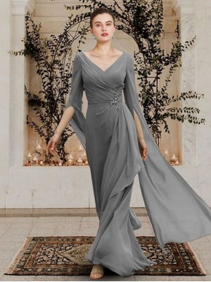 Sheath / Column Mother of the Bride Dress Elegant V Neck Floor Length Chiffon Half Sleeve with Beading Side-Draped 2022 #8983859