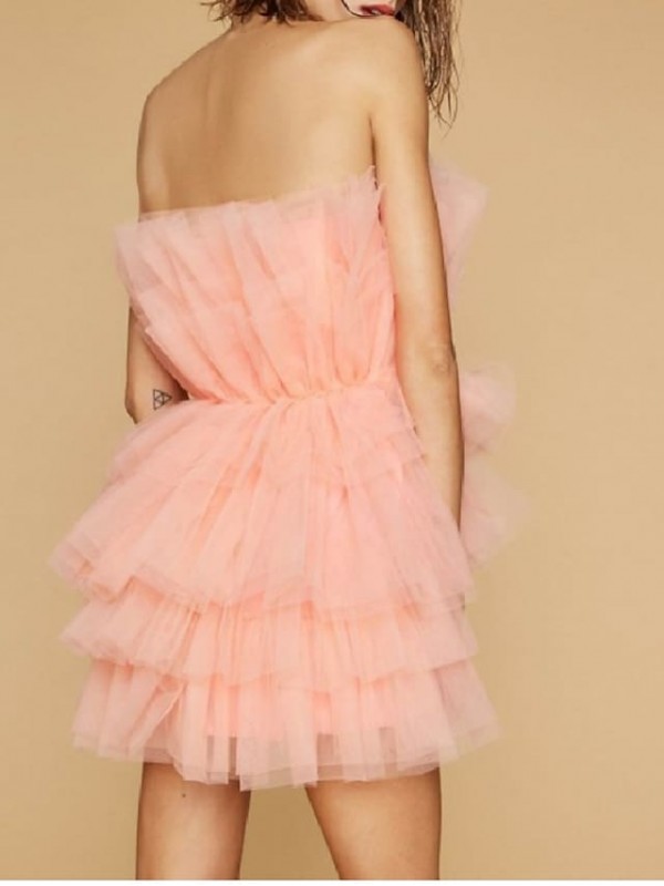 A-Line Princess Cute Party Wear Prom Dress Strapless Sleeveless Short / Mini Tulle with Tier Pure Color 2022 #9033368