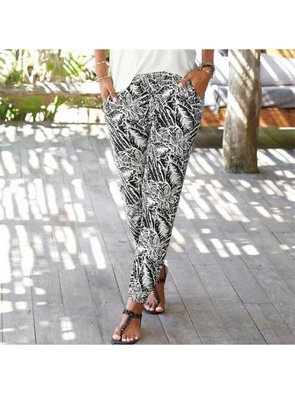 Women's Boho Jogger Pants Print Full Length Pants Daily Going out Graphic Leaf Mid Waist Black / White Black Camouflage White S M L XL XXL #8632791