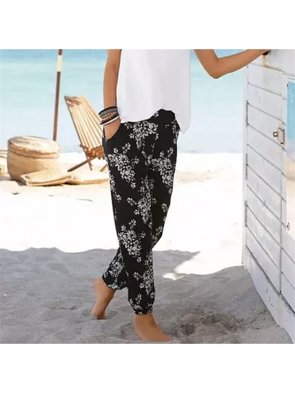 Women's Boho Jogger Pants Print Full Length Pants Daily Going out Graphic Leaf Mid Waist Black / White Black Camouflage White S M L XL XXL #8632791