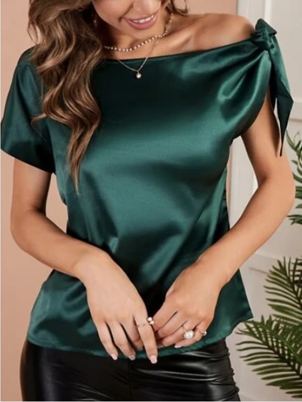 Women's Blouse Shirt Plain Lace up Off Shoulder Casual Streetwear Tops Green #9028436