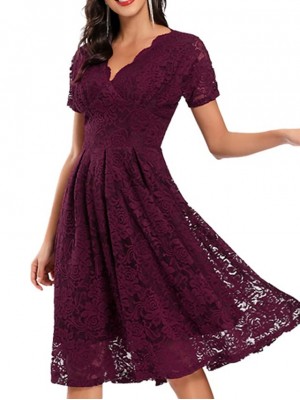 Women's A Line Dress Knee Length Dress Pink Wine Navy Blue Beige Short Sleeve Solid Color Lace Fall Summer V Neck Elegant Formal Party 2022 S M L XL XXL / Party Dress #8823339