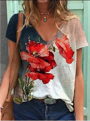 Women's Floral Theme Painting T shirt Floral Plants Graphic Print V Neck Basic Vintage Tops White / 3D Print #8607010