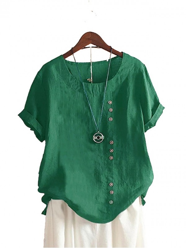 Women's Blouse Plain Button Round Neck Casual Tops Loose Blushing Pink Green White #8602000