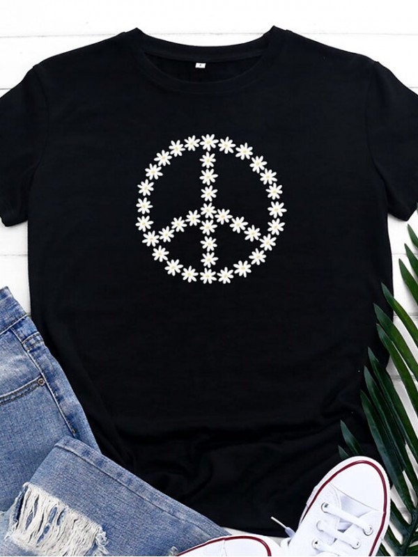 Women's T shirt Graphic Peace & Love Daisy Print Round Neck Basic Vintage Tops Green Blue Black #9035473