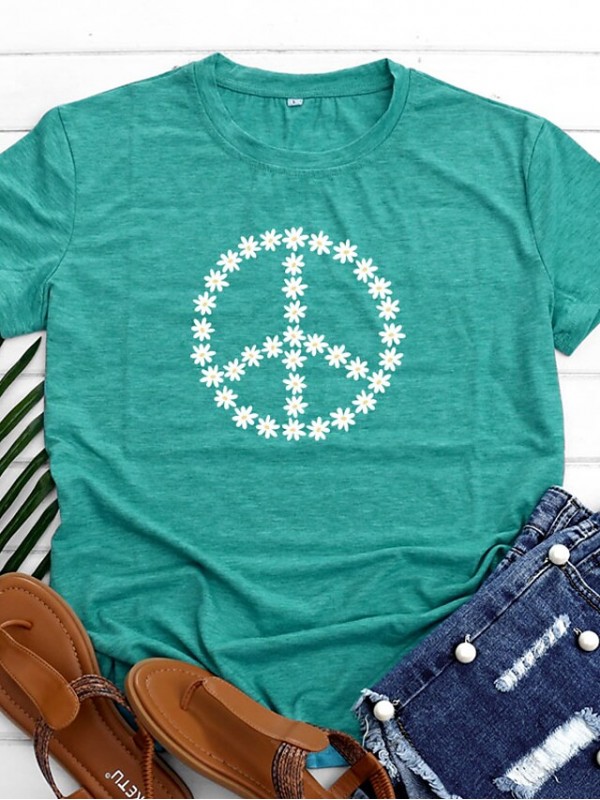 Women's T shirt Graphic Peace & Love Daisy Print Round Neck Basic Vintage Tops Green Blue Black #9035473