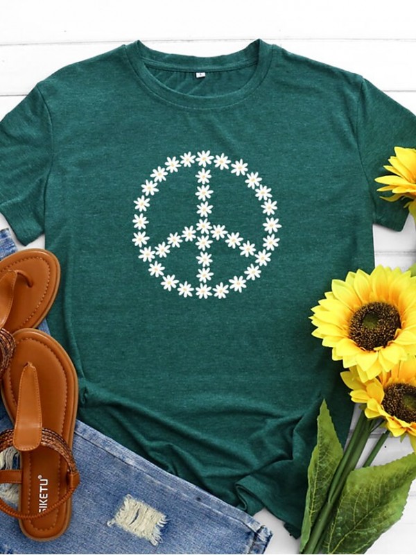 Women's T shirt Graphic Peace & Love Daisy Print Round Neck Basic Vintage Tops Green Blue Black #9035473