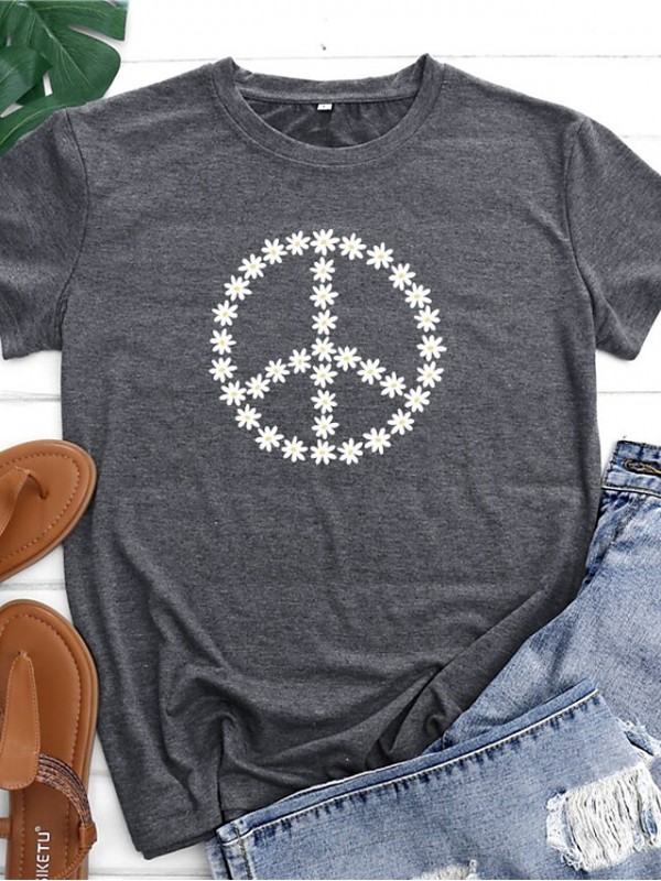 Women's T shirt Graphic Peace & Love Daisy Print Round Neck Basic Vintage Tops Green Blue Black #9035473