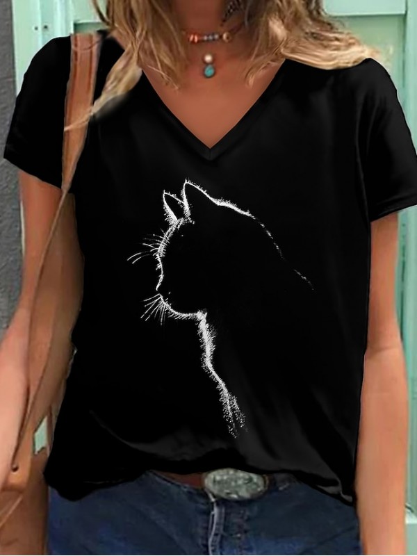 Women's 3D Cat T shirt Cat Graphic Print V Neck Basic Tops Black #8549338