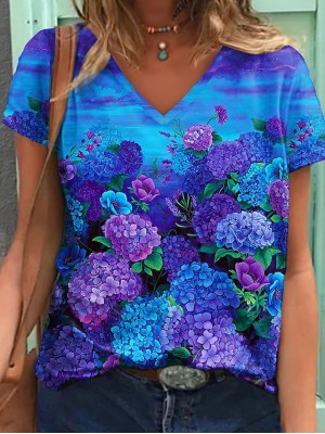 Women's Floral Theme 3D Printed Painting T shirt Floral 3D Print V Neck Basic Tops Purple #9010025