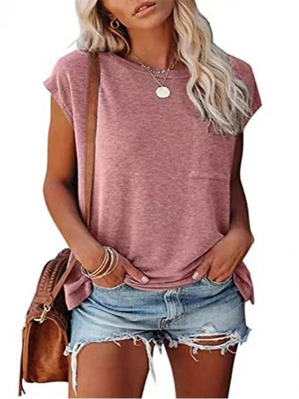 women's casual cap sleeve shirts summer loose solid color basic tee tops with pocket dark gray #8598639