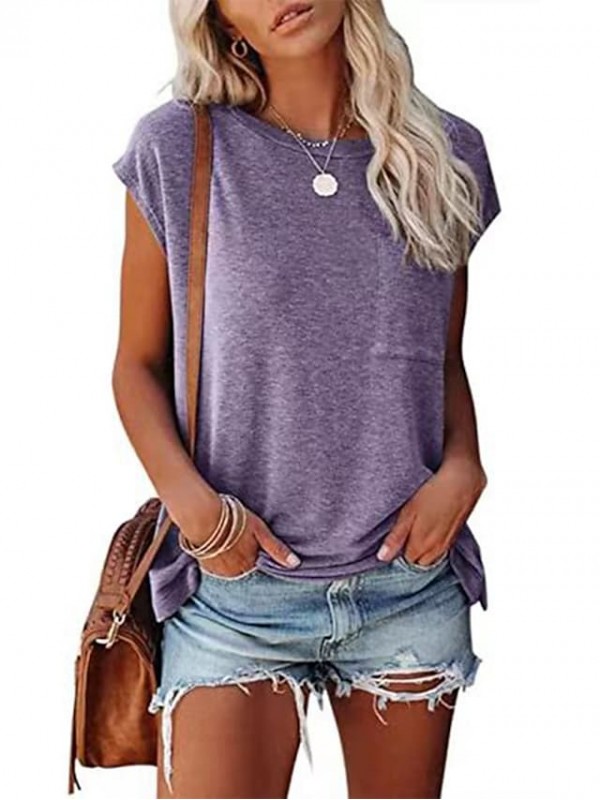 women's casual cap sleeve shirts summer loose solid color basic tee tops with pocket dark gray #8598639