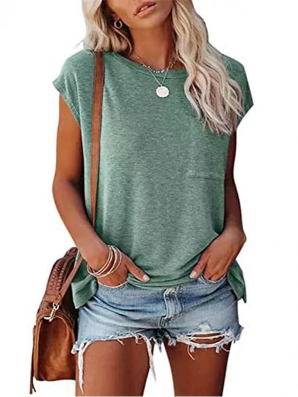 women's casual cap sleeve shirts summer loose solid color basic tee tops with pocket dark gray #8598639