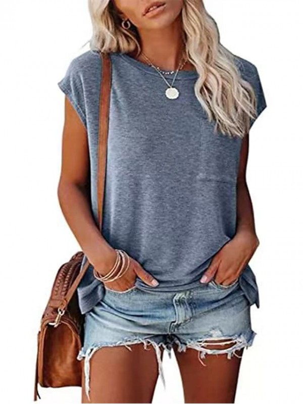 women's casual cap sleeve shirts summer loose solid color basic tee tops with pocket dark gray #8598639