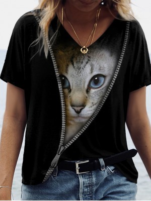 Women's 3D Cat Painting T shirt Cat 3D Print V Neck Basic Tops Black #8980958