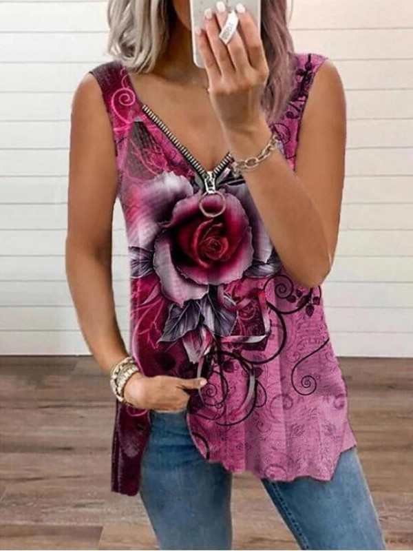 Women's Blouse Tank Top Vest Graphic Zipper Patchwork Print V Neck Basic Tops Loose Fuchsia Khaki Royal Blue #8721802