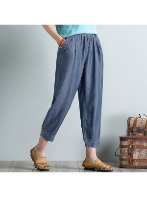 Women's Fashion Chinos Side Pockets Elastic Waist Ankle-Length Pants Casual Weekend Inelastic Plain Comfort Mid Waist Blue Dark Blue XL XXL 3XL 4XL #9024717