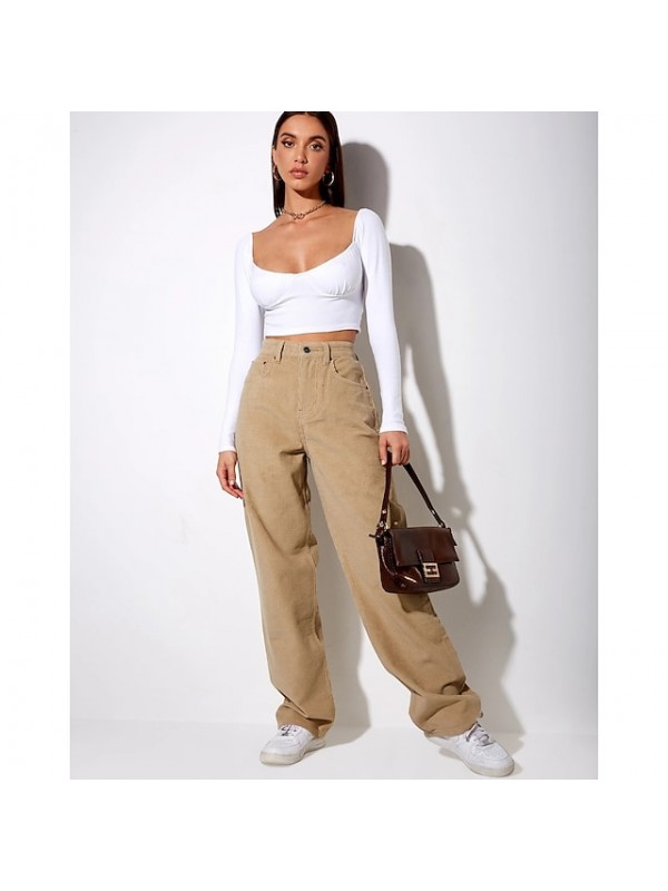 Women's Fashion Chinos Side Pockets Short Pants Casual Weekend Micro-elastic Plain Corduroy Comfort Mid Waist Khaki Brown S M L XL #9024098