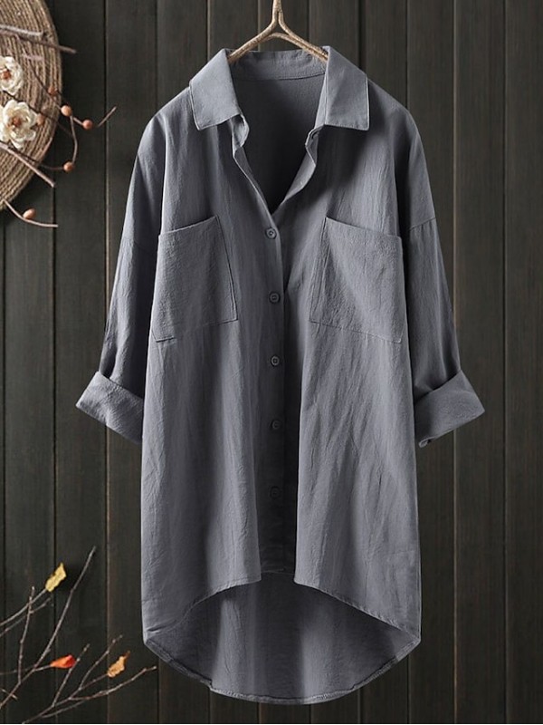 Women's Coat Casual / Daily Summer Long Coat Shirt Collar Regular Fit Casual Jacket Solid Color Others Blue Gray / Cotton #8625072