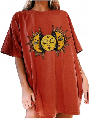 women's moon and sun tshirt oversized vintage graphic t-shirt sweatshirt crewneck cute sun shirt loose casual (orange h, s) #8601973