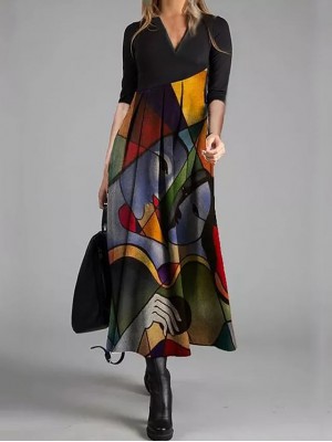 Women's Swing Dress Maxi long Dress Black Long Sleeve Print Geometic Print Spring Summer V Neck Elegant Casual 2022 S M L XL XXL #8515172