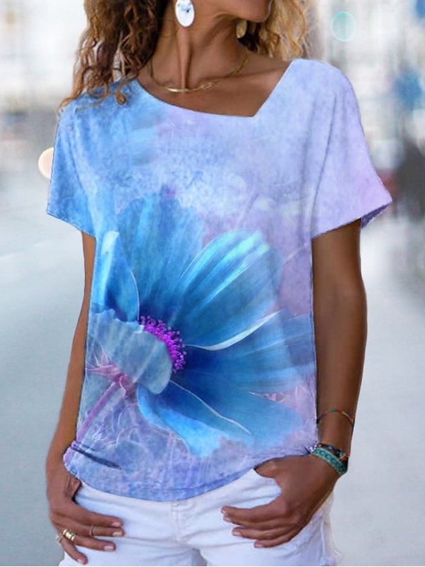 Women's Floral Theme Painting T shirt Floral Print V Neck Basic Tops Blue Purple Pink / 3D Print #9026830