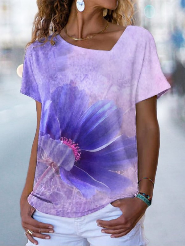 Women's Floral Theme Painting T shirt Floral Print V Neck Basic Tops Blue Purple Pink / 3D Print #9026830