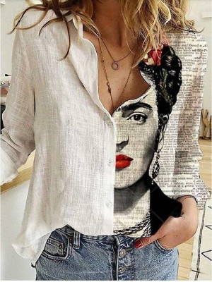 Women's Portrait Blouse Shirt Graphic Portrait Letter Print Shirt Collar Basic Elegant Vintage Tops White #8324362